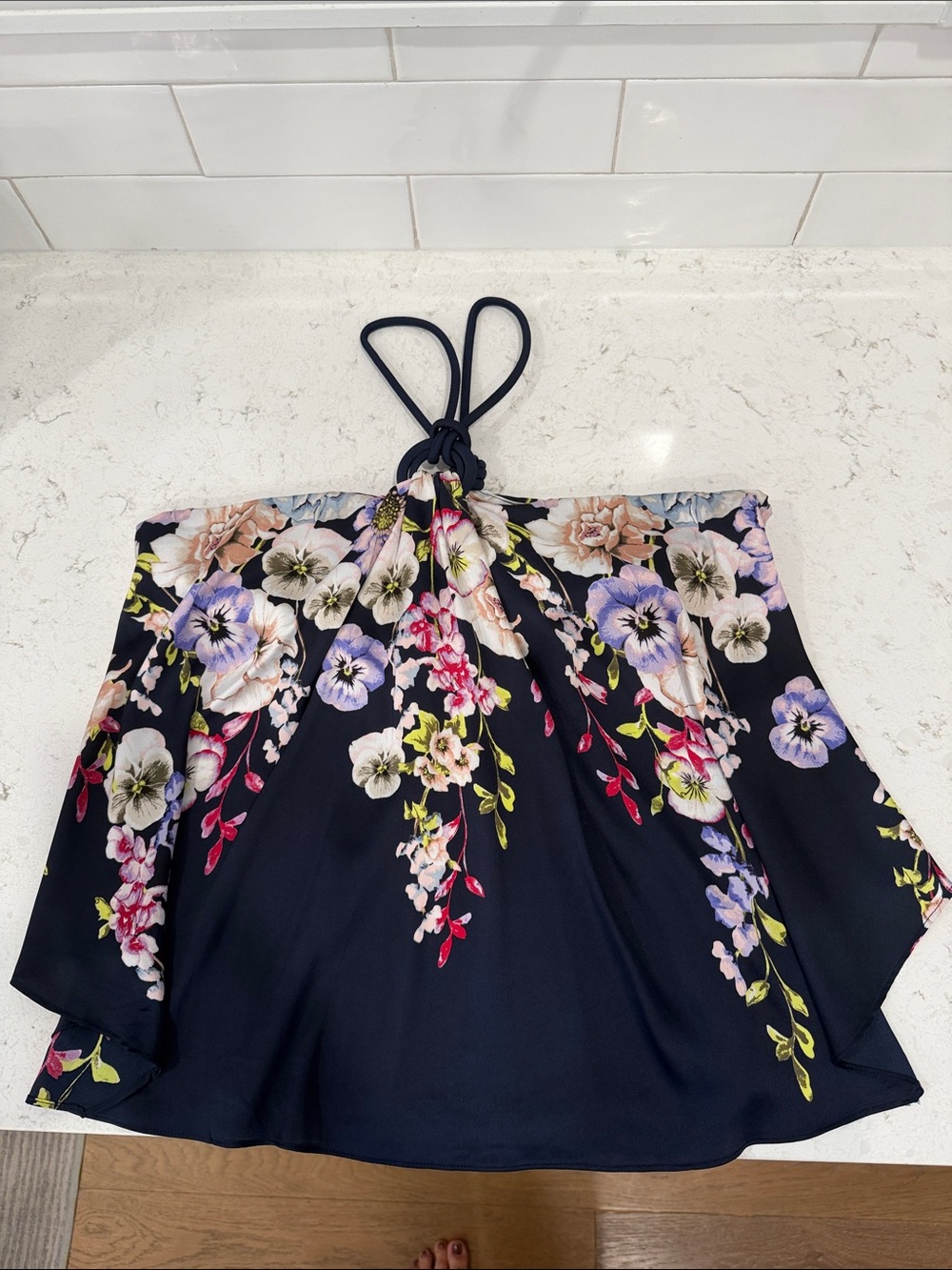 White House Black Market Navy Floral Halter Top Like New Size Small